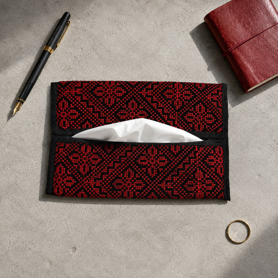 Black & Red Palestinian Tatreez Tissue Box Cover with Tassels