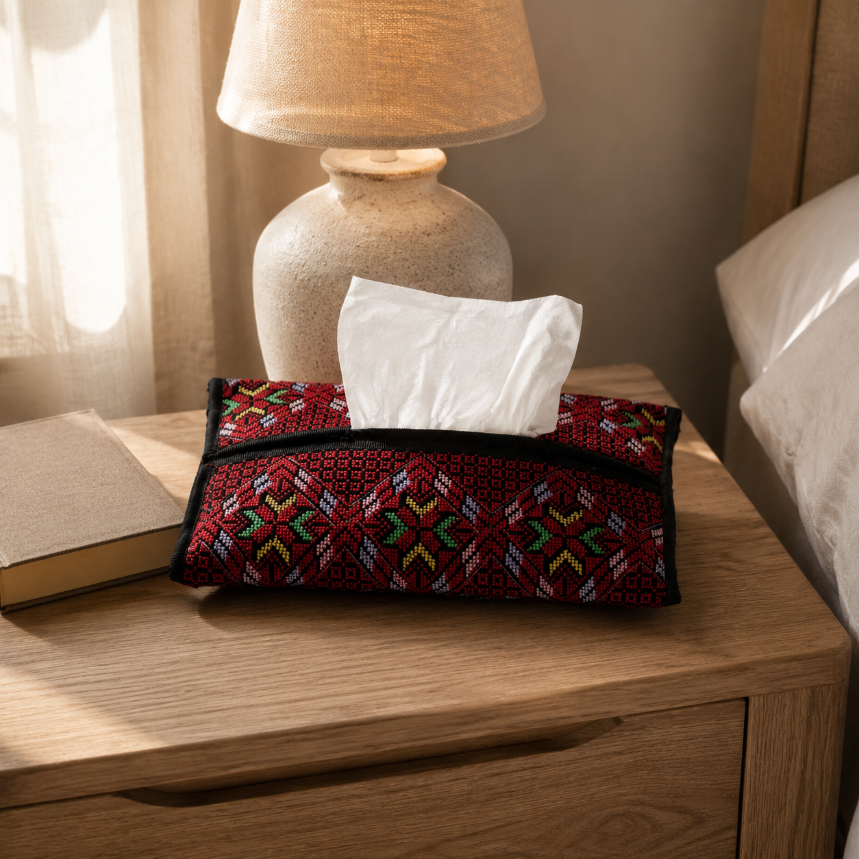 Crimson Floral Palestinian Tatreez Tissue Box Cover