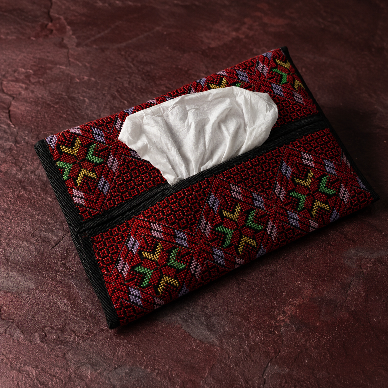 Crimson Floral Palestinian Tatreez Tissue Box Cover