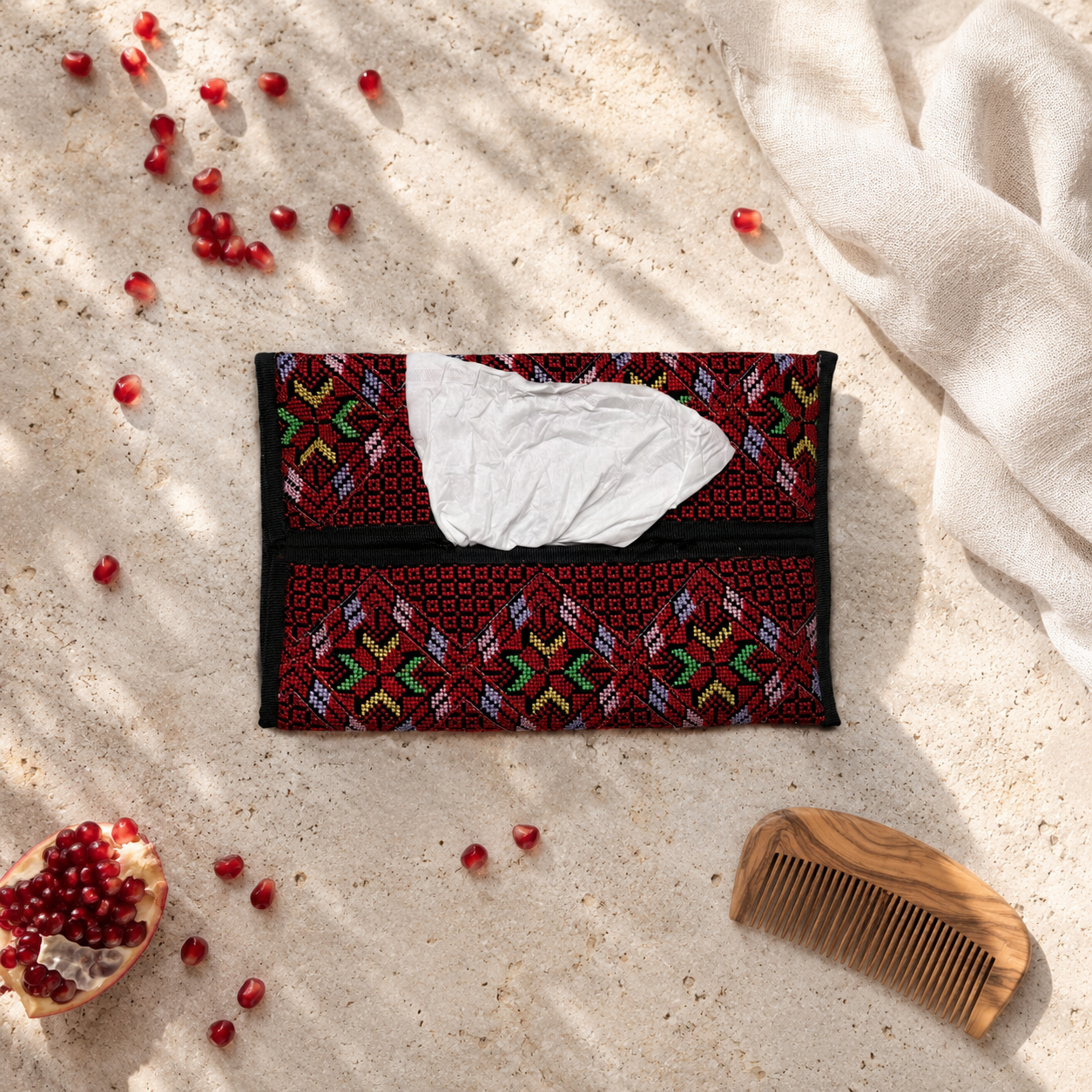 Crimson Floral Palestinian Tatreez Tissue Box Cover