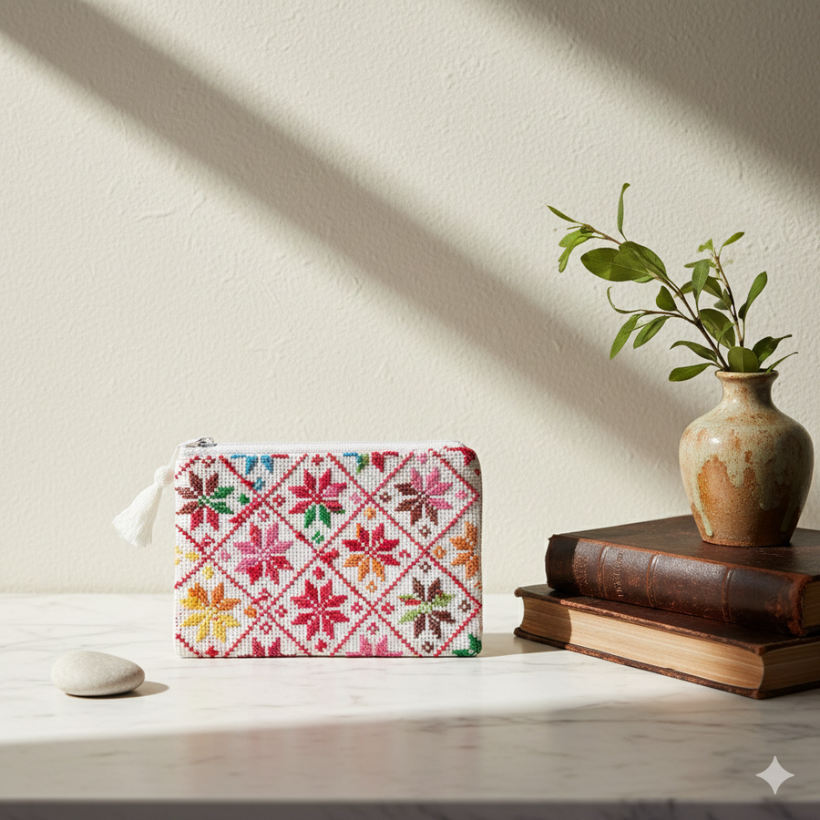Portefeuille Tatreez Palestinien Blanc – Motif Floral Coloré | Broderie Faite Main