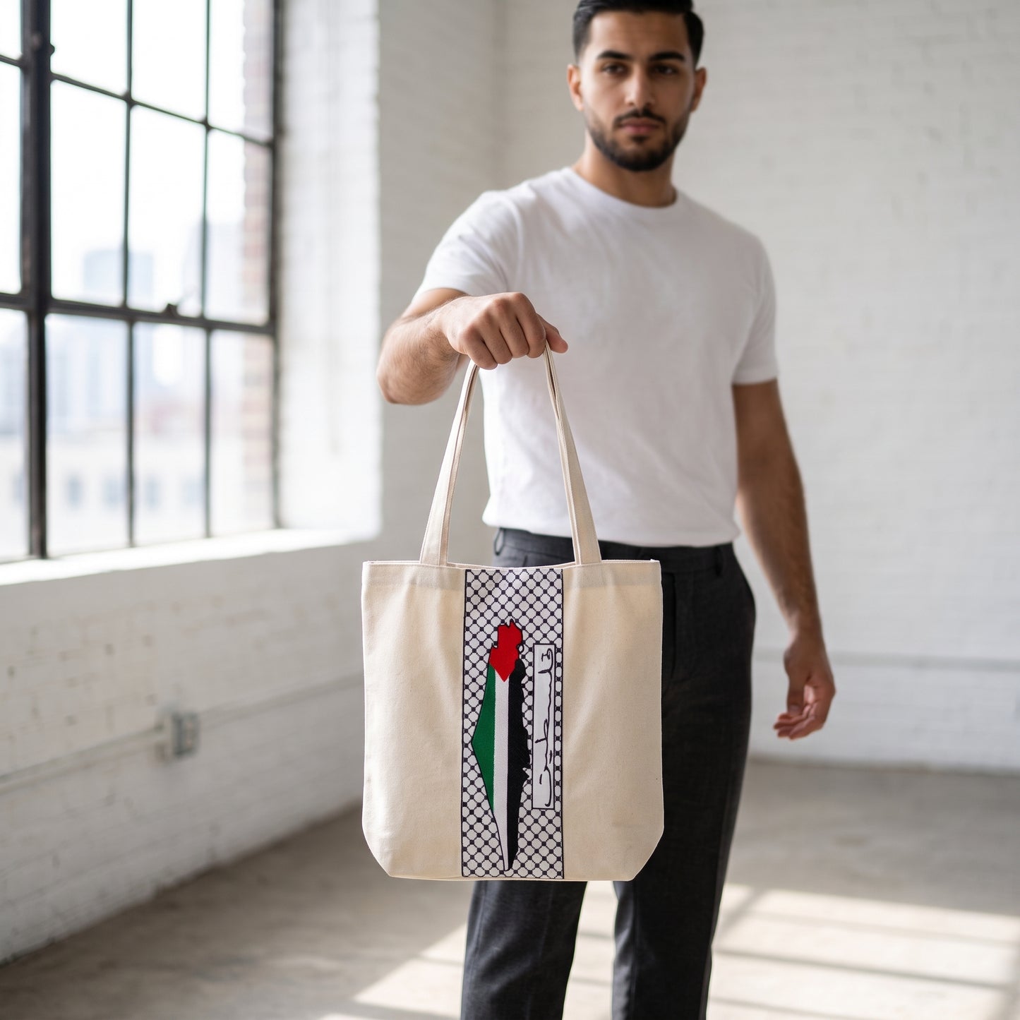 Vertical Keffiyeh Stripe Tote Bag | Embroidered Flag Map