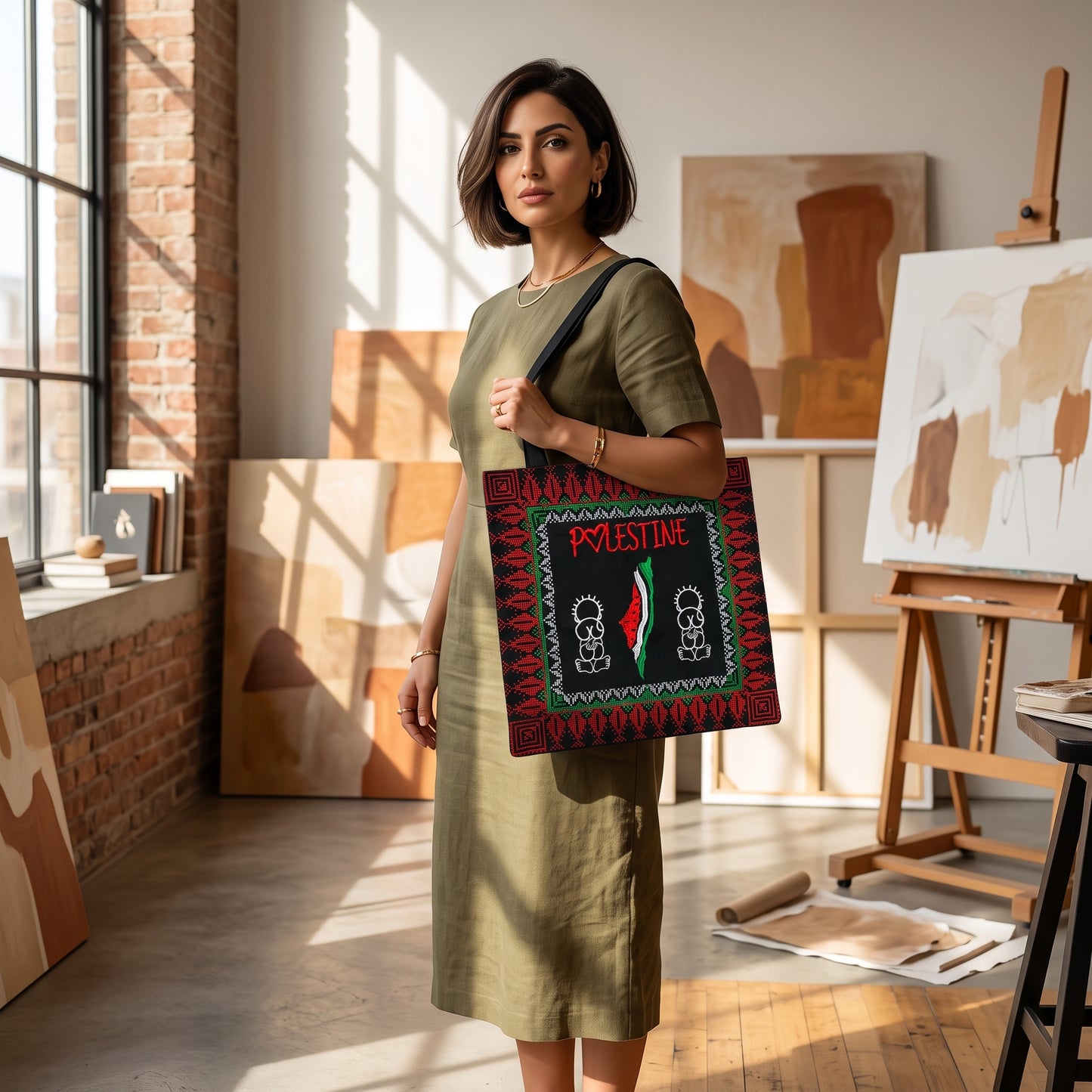 Tatreez Heritage Tote Bag | Watermelon Map & Handala