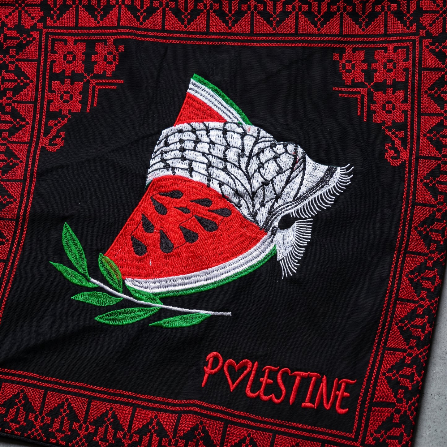 Artisanal Tatreez-Bordered 'Palestine' Heritage Tote Bag - Watermelon, Keffiyeh, & Olive Branch