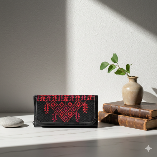 Black Palestinian Tatreez Wallet – Red Embroidery | Traditional Handmade Design