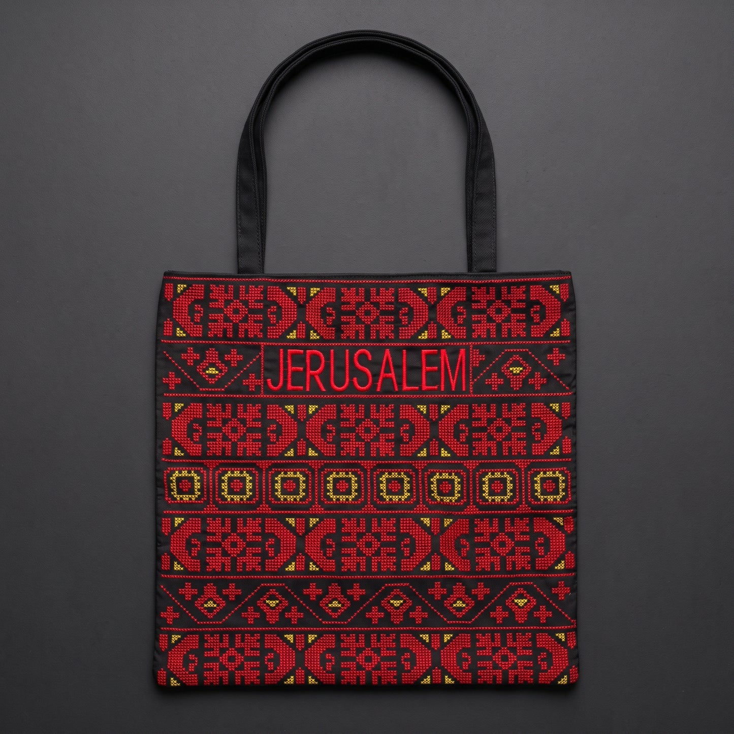 Jerusalem Tatreez Heritage Tote Bag | Red & Yellow Geometric Embroidery