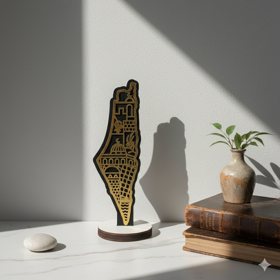 Wooden Palestine Map Sculpture – Dome of the Rock & Heritage Landmarks | Premium Decor Piece