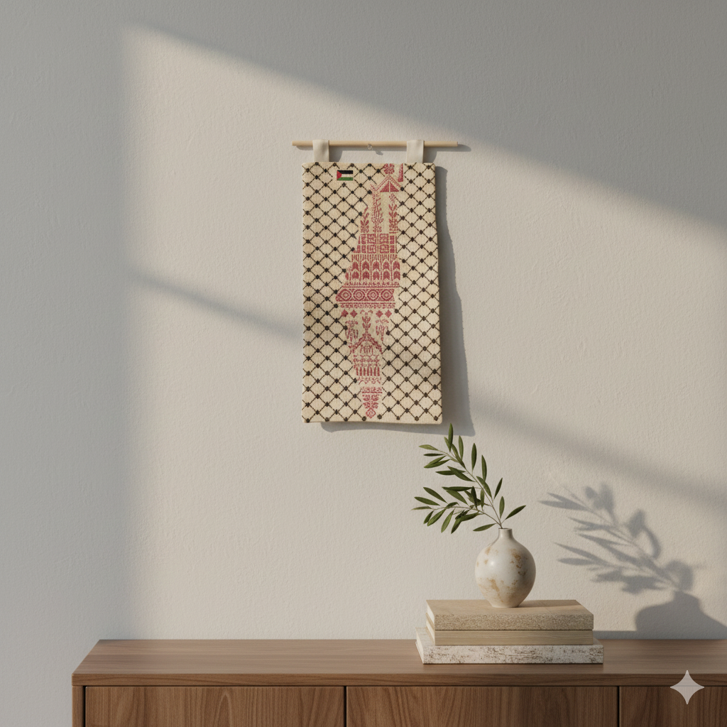Handmade Palestinian Tatreez Wall Hanging – Jerusalem Map Design | Red, Blue & Pink Patterns | Premium Embroidered Home Decor