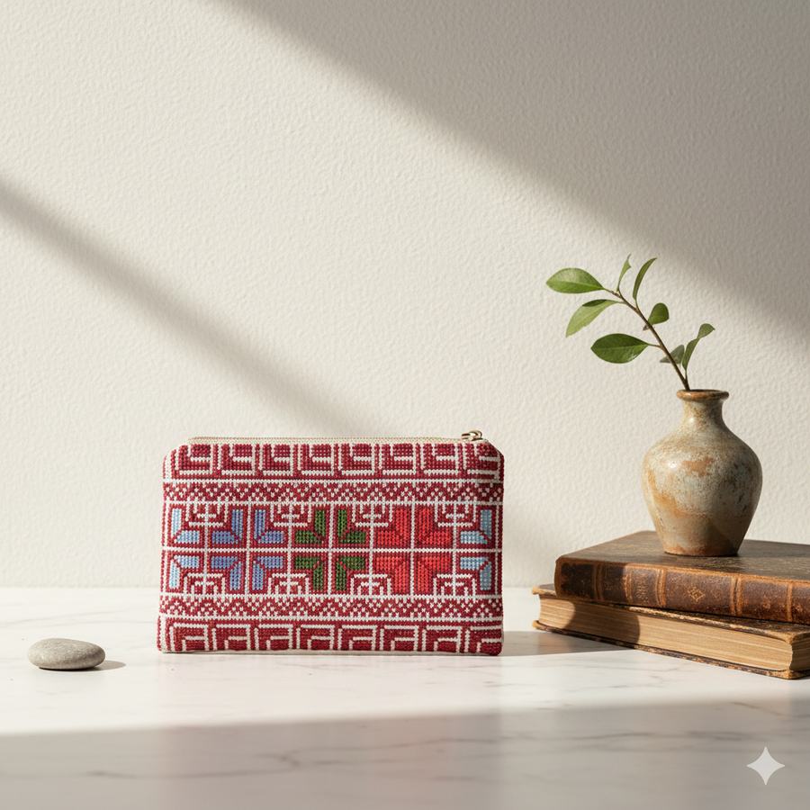 Portefeuille palestinien Tatreez rouge à motifs multicolores – Broderie faite à la main