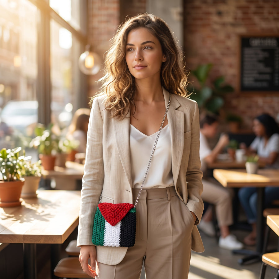 Hand-Crocheted Palestine Flag Crossbody Pouch | Silver Chain Strap