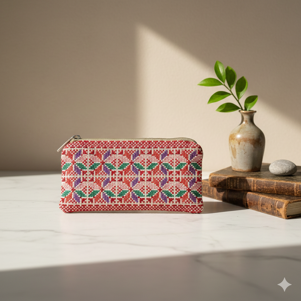 Portefeuille palestinien Tatreez – Broderie rouge et multicolore | Pochette zippée