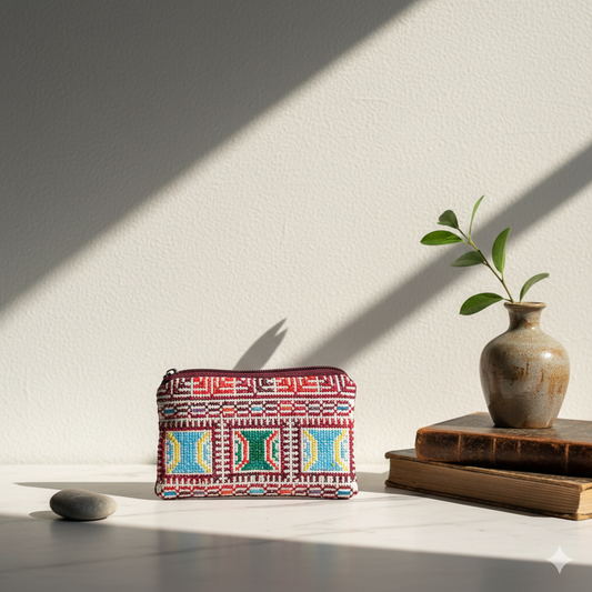 Palestinian Tatreez Wallet – Geometric Heritage Pattern | Handmade Zipper Pouch