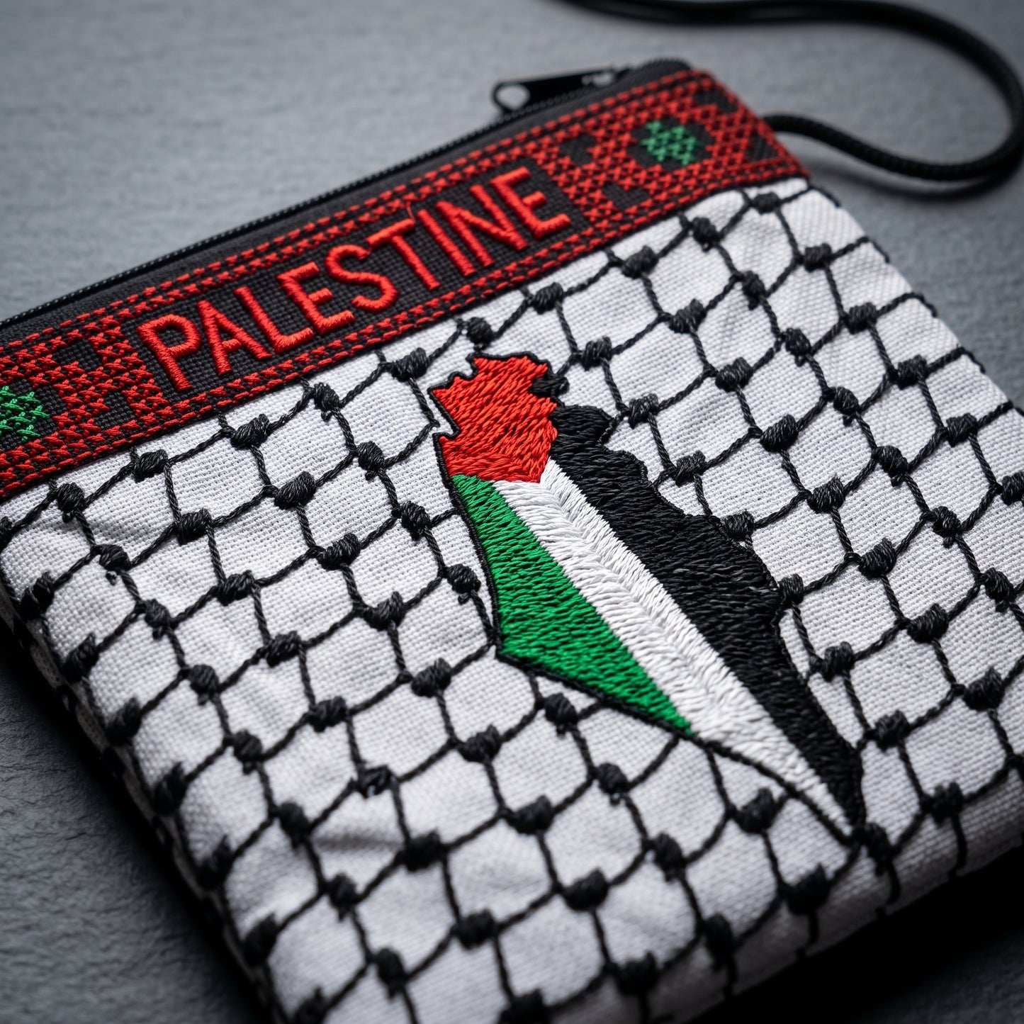 Keffiyeh & Flag Map Crossbody Pouch | Embroidered 'Palestine' Band