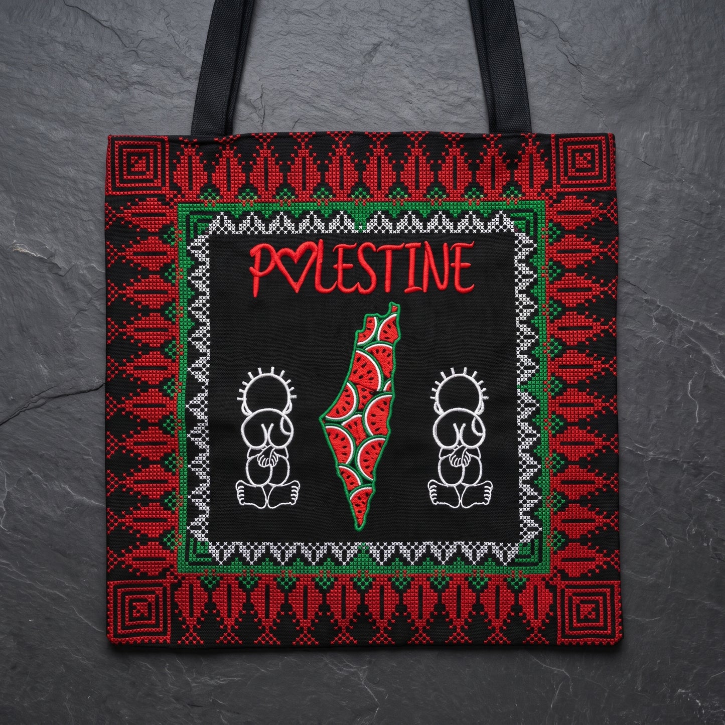 Tatreez Heritage Tote Bag | Watermelon Map & Handala