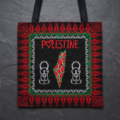Tatreez Heritage Tote Bag | Watermelon Map & Handala