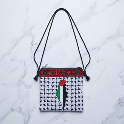 Keffiyeh & Flag Map Crossbody Pouch | Embroidered 'Palestine' Band