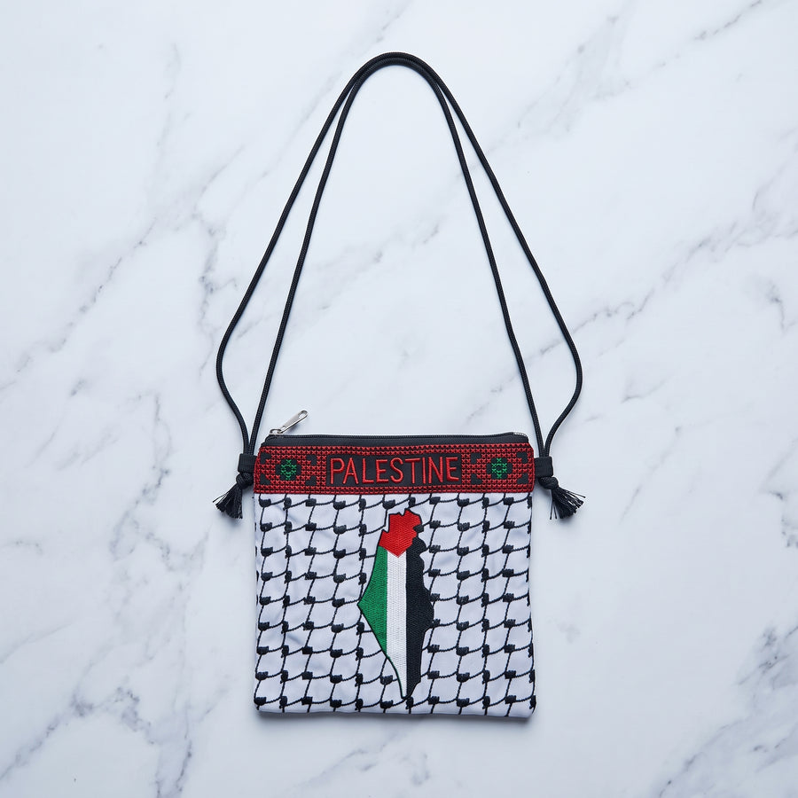 Keffiyeh & Flag Map Crossbody Pouch | Embroidered 'Palestine' Band