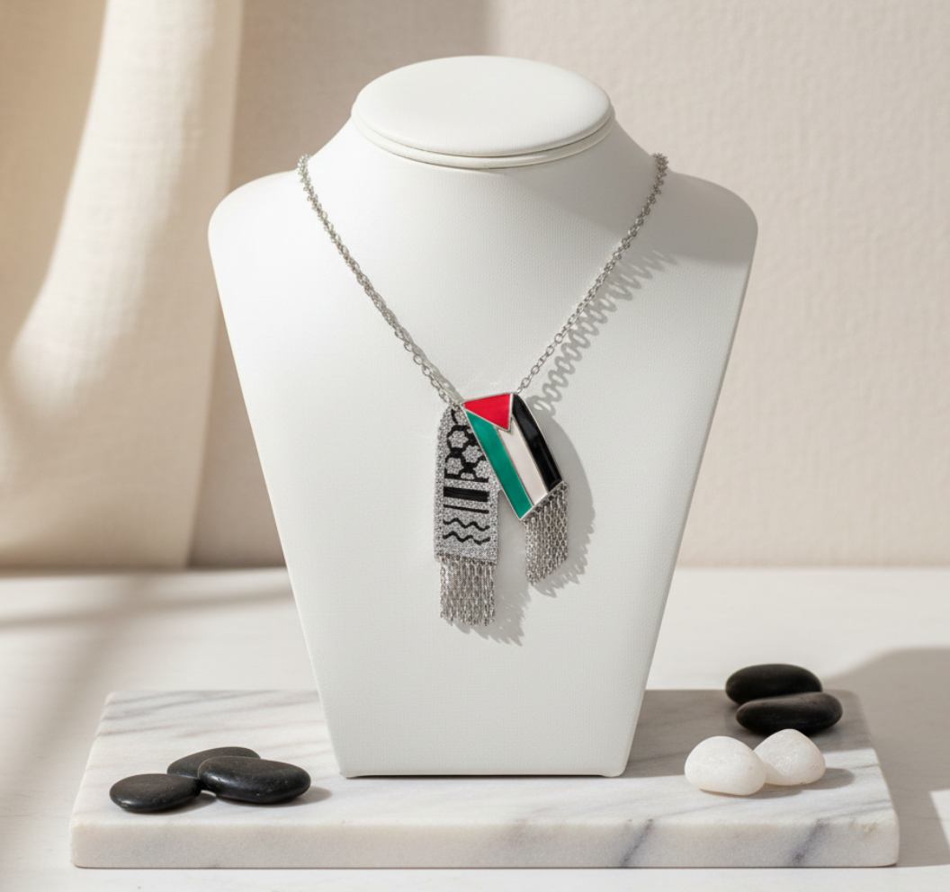Palestinian Flag & Keffiyeh Necklace – Silver Edition