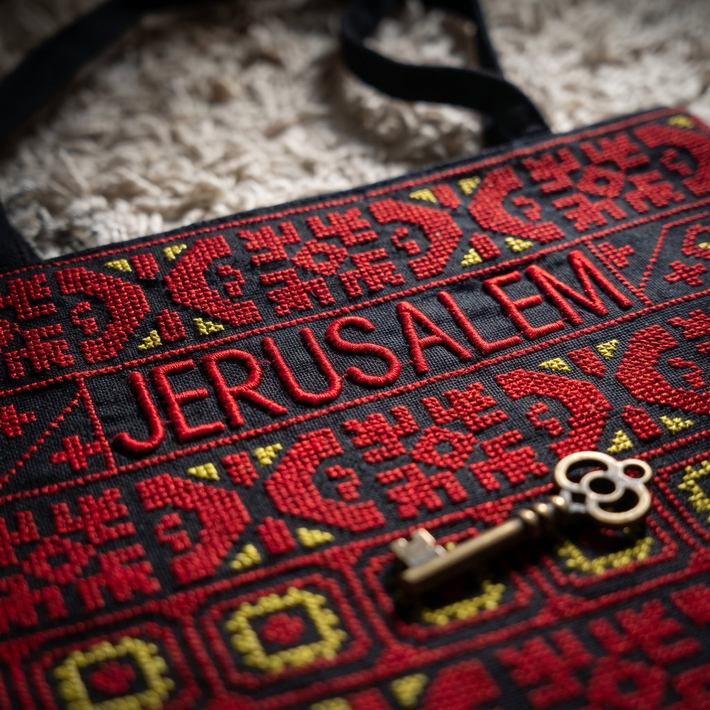 Jerusalem Tatreez Heritage Tote Bag | Red & Yellow Geometric Embroidery