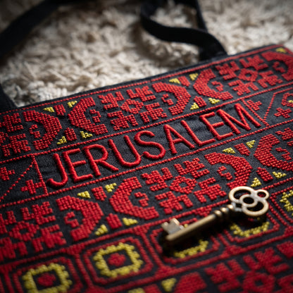 Jerusalem Tatreez Heritage Tote Bag | Red & Yellow Geometric Embroidery