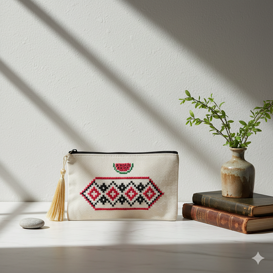 Palestinian Tatreez Pouch – Watermelon & Geometric Pattern | Handmade Embroidery