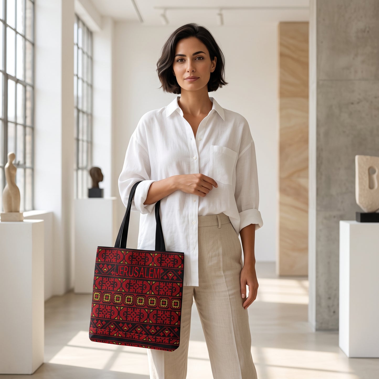 Jerusalem Tatreez Heritage Tote Bag | Red & Yellow Geometric Embroidery