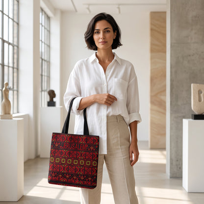 Jerusalem Tatreez Heritage Tote Bag | Red & Yellow Geometric Embroidery
