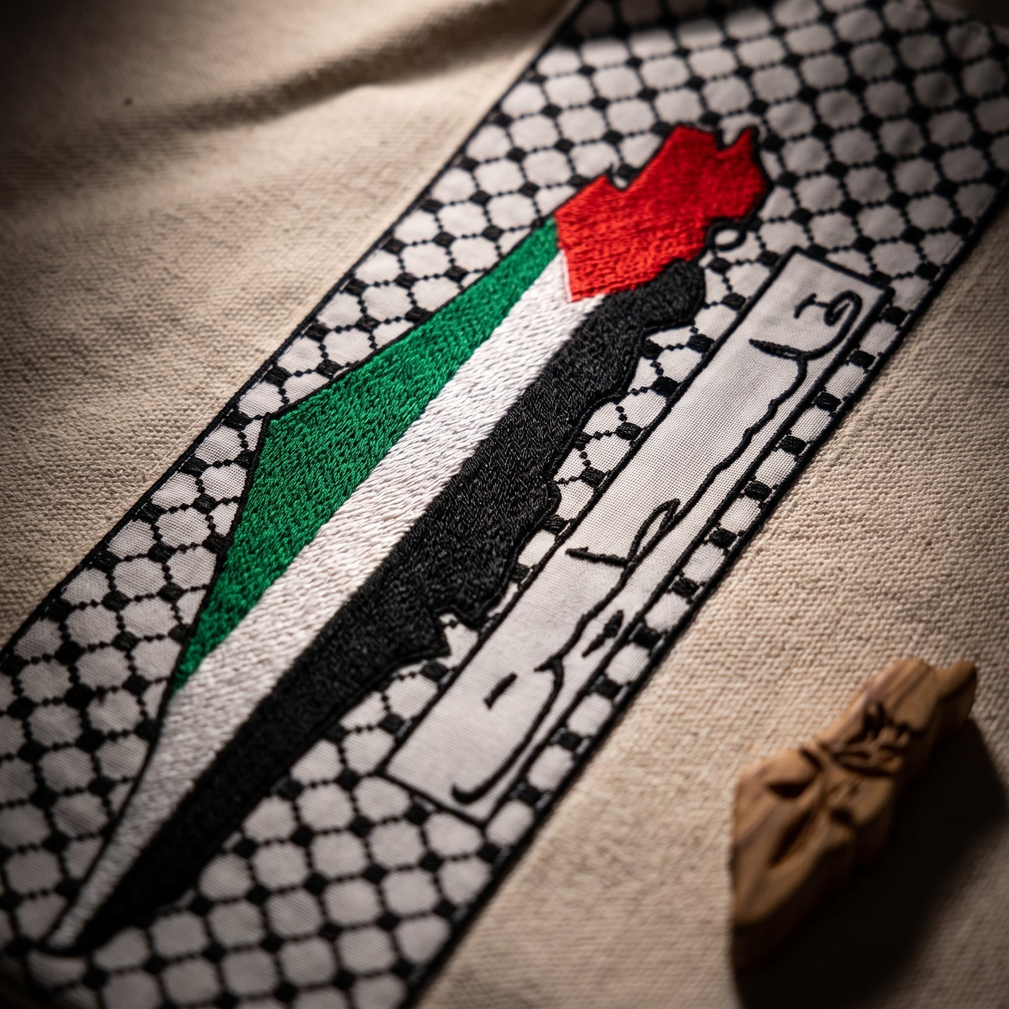 Vertical Keffiyeh Stripe Tote Bag | Embroidered Flag Map