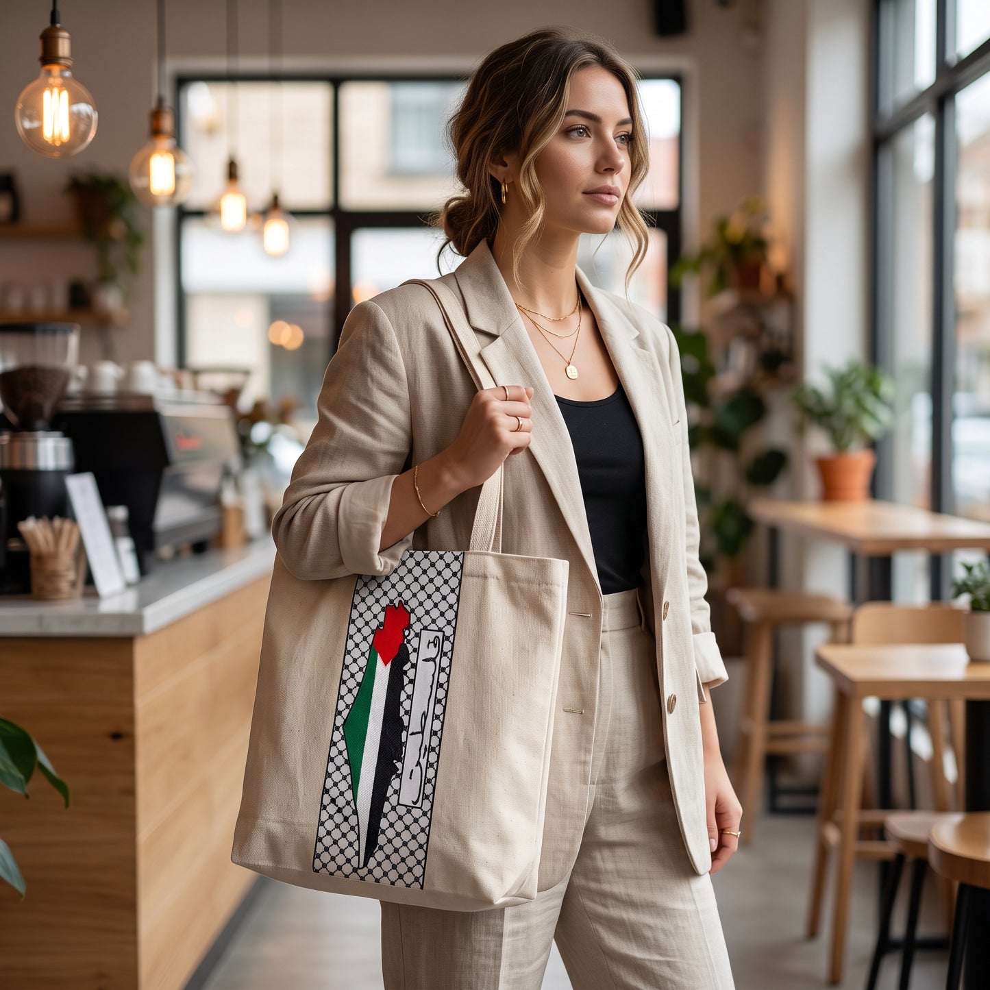 Vertical Keffiyeh Stripe Tote Bag | Embroidered Flag Map