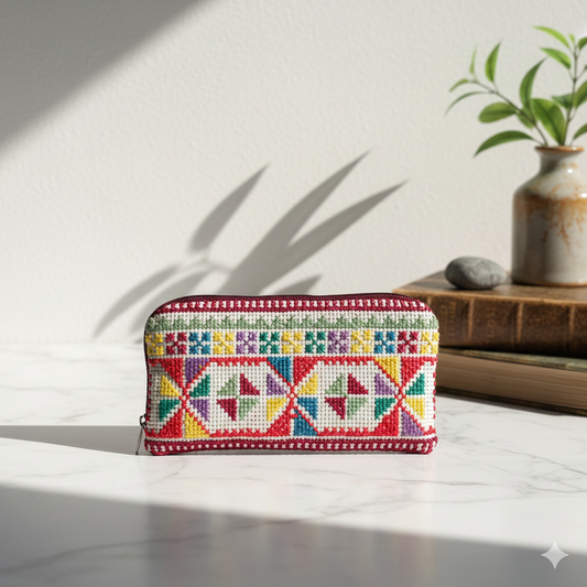 Palestinian Tatreez Wallet – Colorful Geometric Pattern | Handmade Zip Pouch