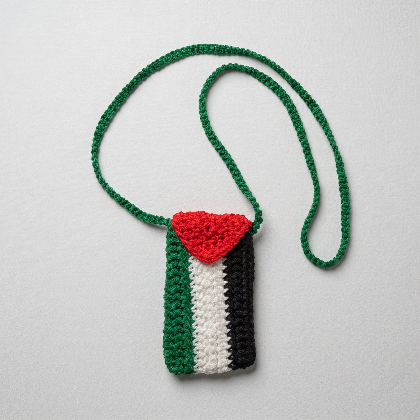 Hand-Crocheted Palestine Flag Phone Pouch | Matching Green Crochet Strap