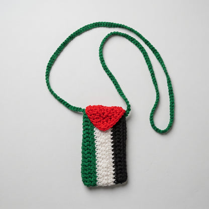 Hand-Crocheted Palestine Flag Phone Pouch | Matching Green Crochet Strap