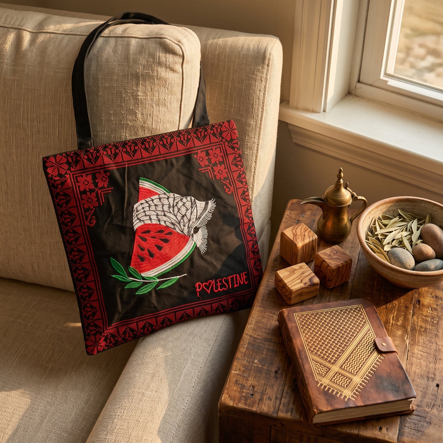 Artisanal Tatreez-Bordered 'Palestine' Heritage Tote Bag - Watermelon, Keffiyeh, & Olive Branch