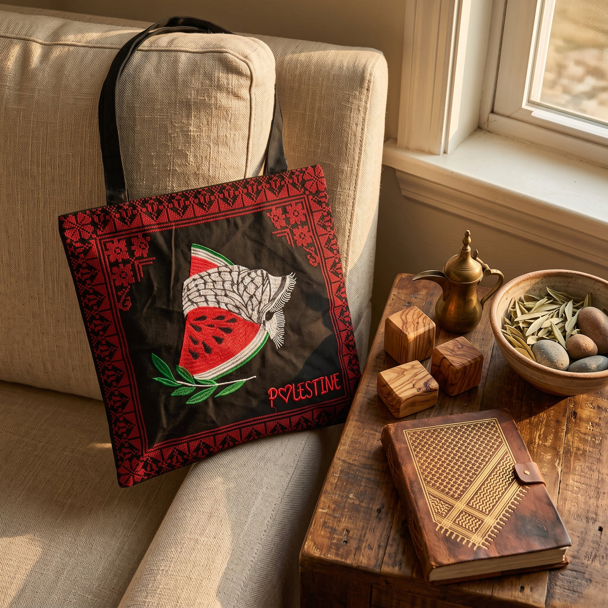 Artisanal Tatreez-Bordered 'Palestine' Heritage Tote Bag - Watermelon, Keffiyeh, & Olive Branch