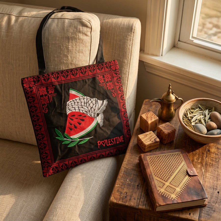 Artisanal Tatreez-Bordered 'Palestine' Heritage Tote Bag - Watermelon, Keffiyeh, & Olive Branch