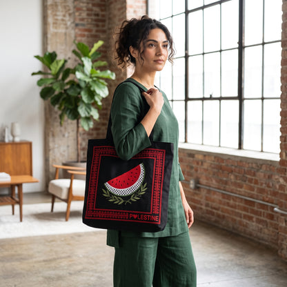 Artisanal Tatreez-Bordered 'Palestine' Heritage Tote Bag - Watermelon, Keffiyeh, & Olive Branch