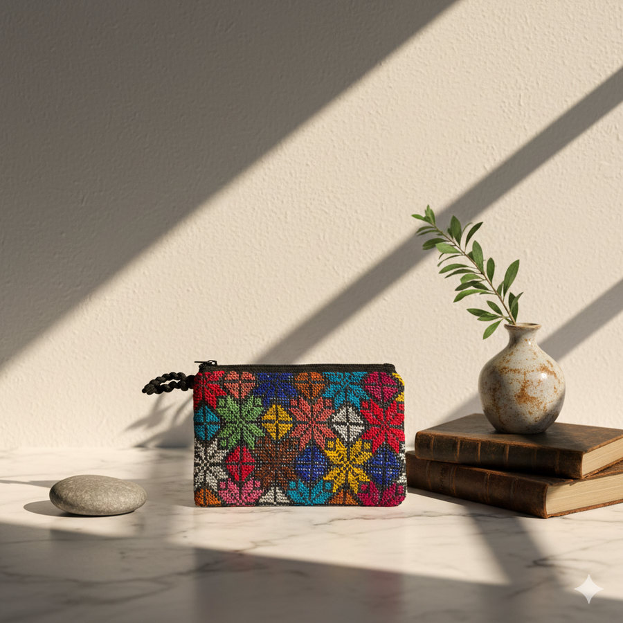 Bourse palestinienne brodée – Motif Tatreez multicolore | Fait main