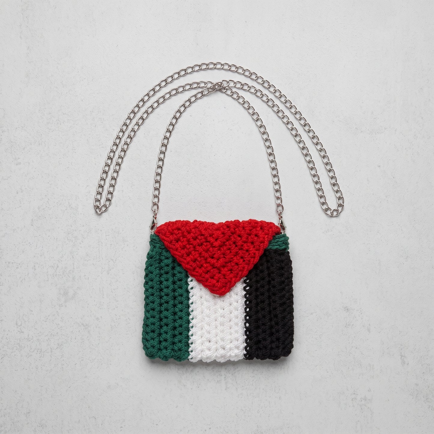 Hand-Crocheted Palestine Flag Crossbody Pouch | Silver Chain Strap