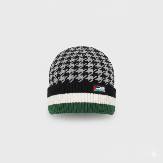 Palestinian Keffiyeh Winter Beanie – Black & White Pattern with Flag Patch | Free Palestine