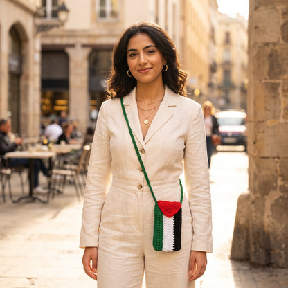 Hand-Crocheted Palestine Flag Phone Pouch | Matching Green Crochet Strap