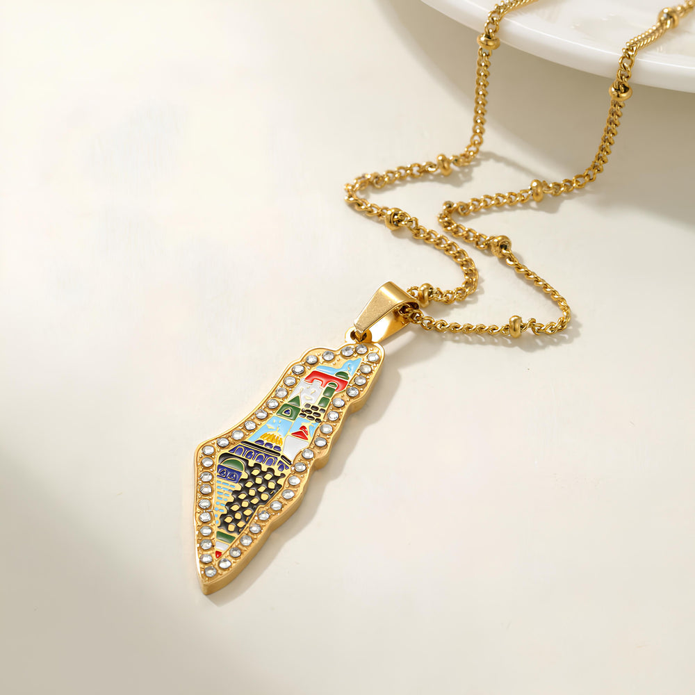 ✨ Palestine Map Necklace with Colorful Landmarks – Gold with Crystals ✨