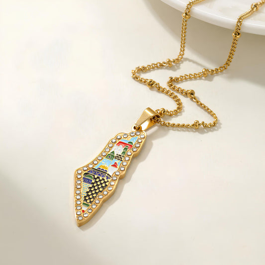 ✨ Palestine Map Necklace with Colorful Landmarks – Gold with Crystals ✨