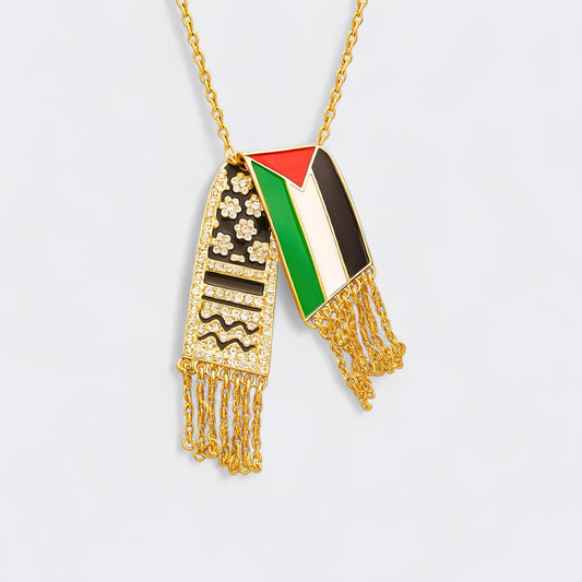 Palestinian Flag & Keffiyeh Pendant Necklace – Gold Finish