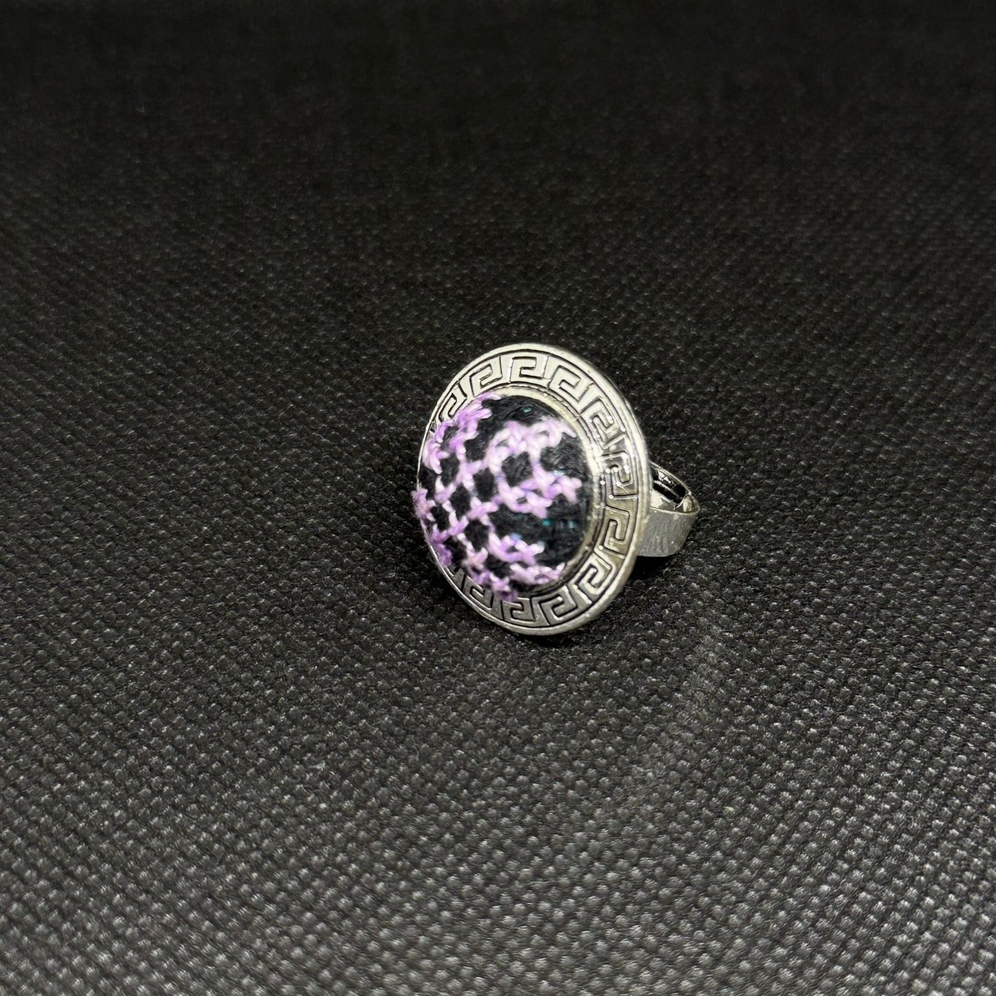 Round Silver Tatreez Embroidered Ring – Purple