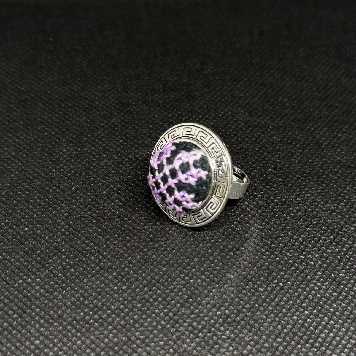 Round Silver Tatreez Embroidered Ring – Purple