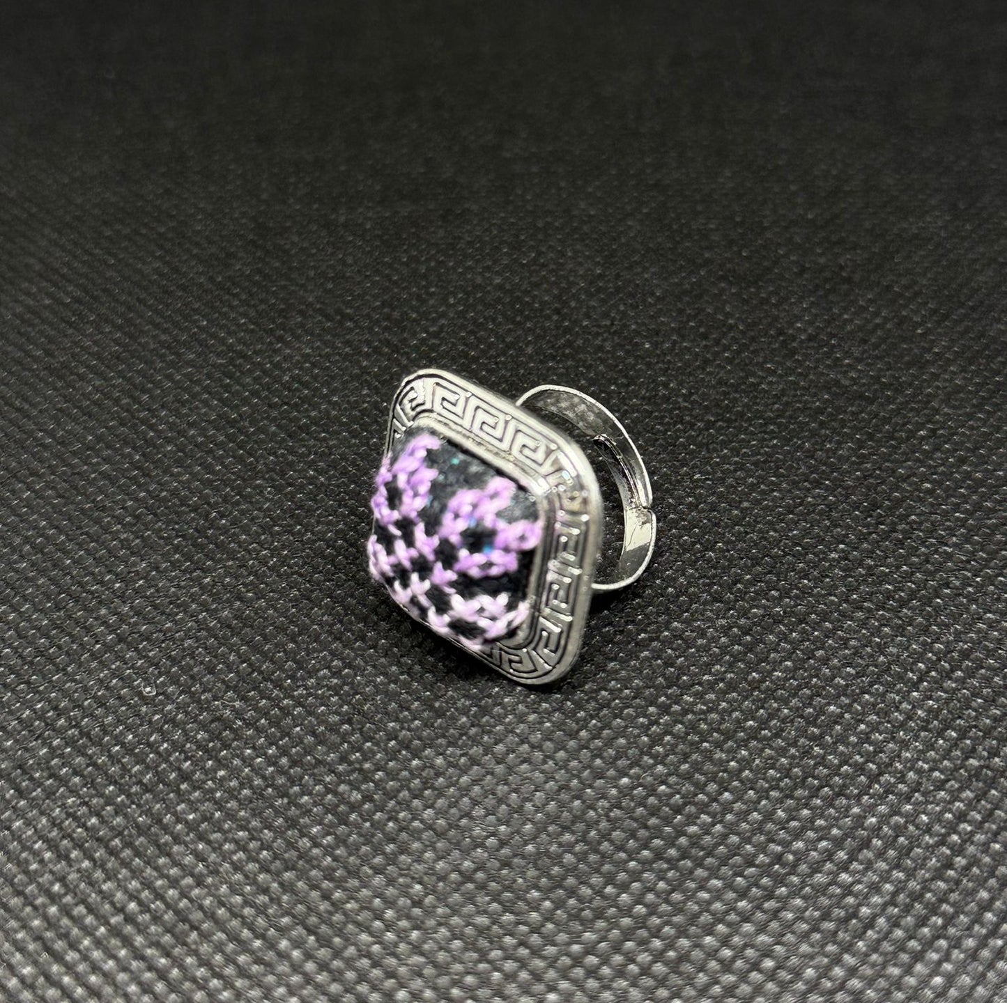 Square Silver Tatreez Embroidered Ring – Purple