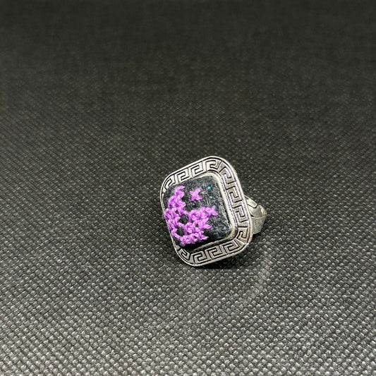Rectangular Silver Tatreez Embroidered Ring – Purple