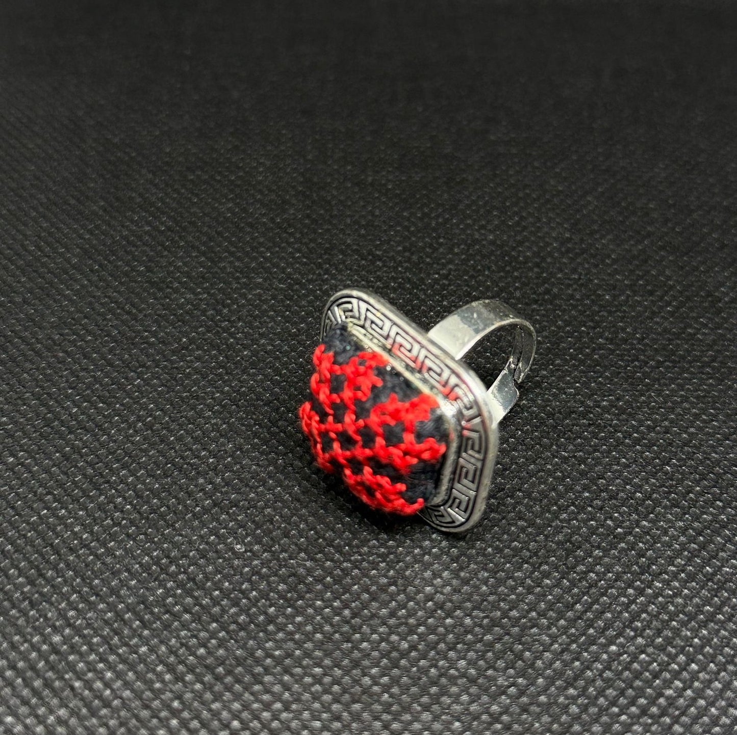 Rectangular Silver Tatreez Embroidered Ring – Red