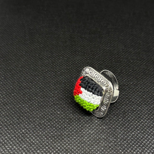 Square Silver Tatreez Palestine Flag Ring