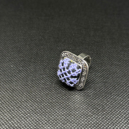 Square Silver Tatreez Embroidered Ring – Light Purple